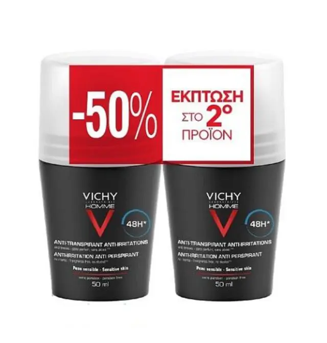 VICHY Homme Promo 48h Deodorant Roll-on Αποσμητικό Κατά του Ιδρώτα για Ευαίσθητες Επιδερμίδες 2x50ml με -50% στο 2ο Προϊόν