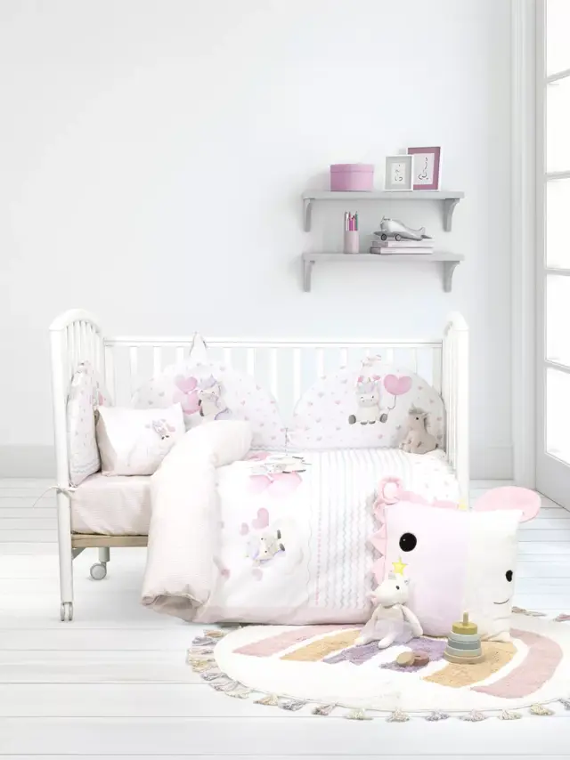 Κουβερλί Κούνιας 100x140 Nima Luni Uni White-Pink 100% βαμβακερό