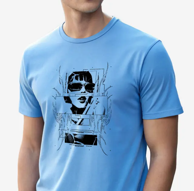 T-shirt Noshame® Σιέλ με τύπωμα Girl with Glasses - 122596 - XXL