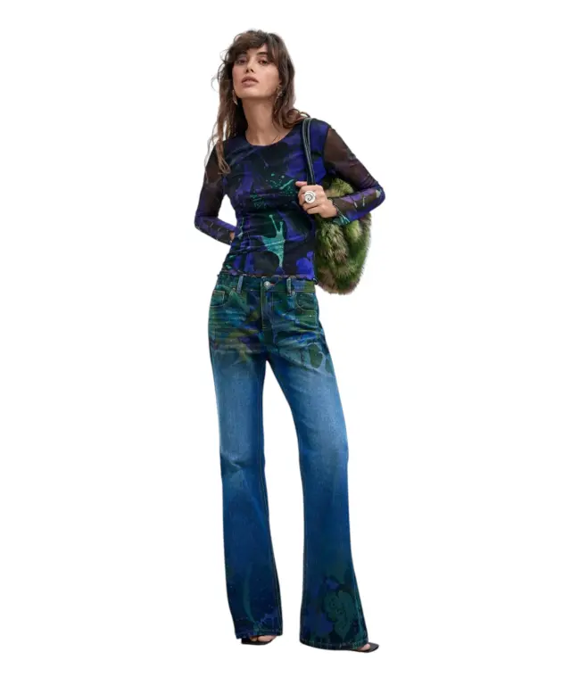 Desigual - Γυναικεία Τούλινη Μπλούζα Dotsleaf 26WWTK02-5022 Μπλε/Πράσινο 3