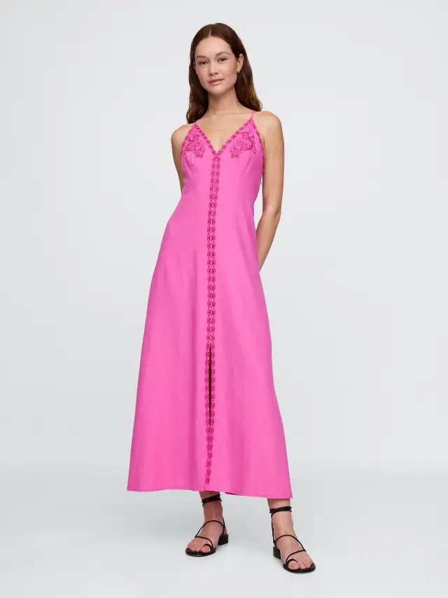 Φόρεμα Μάξι με Κέντημα και halter από Μείγμα Λινού Phoebe pink - M