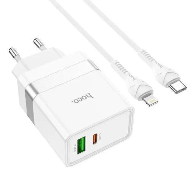 Hoco Φορτιστής με Θύρα USB-A και Θύρα USB-C και Καλώδιο USB-C 30W Power Delivery / Quick Charge 3.0 Λευκός N21CL 2