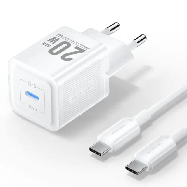 VENTION 1-Port USB-C GaN Charger (20W) with USB-C to USB-C Cable (1M) EU-Plug White (TZ-FEPW0-EU-01) (VENTZ-FEPW0-EU-01)