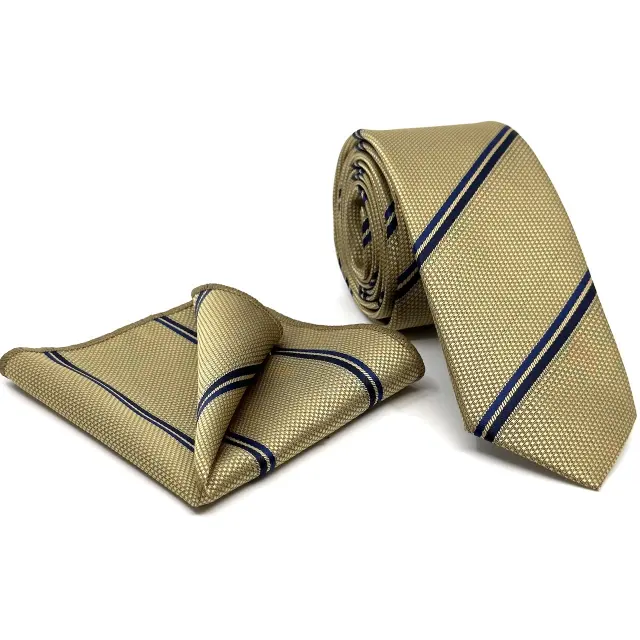 Χρυσαφί Ριγέ Γραβάτα Microfiber Σετ με Μαντήλι Σχέδιο 284/A