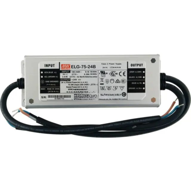 AC-DC Single output LED Driver Mix Mode (CV+CC) with PFC; Output 24Vdc at 3.15A; cable output; Dimming 0-10Vdc PWM resistance 75W