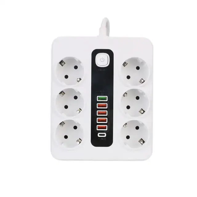 Πολύμπριζο 6 Θέσεων, 5USB και 1Type-C με διακόπτη 2m καλώδιο 3000W BKL-11EU- Power Socket - TF146700 3