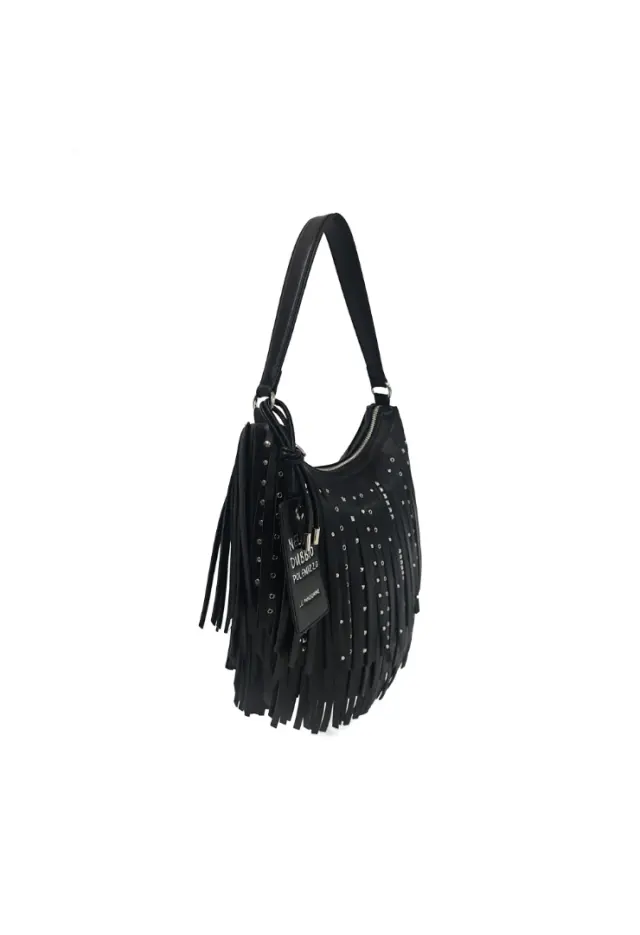 LE PANDORINE - Arizona medium shoulder bag with fringes and studs in black color 2
