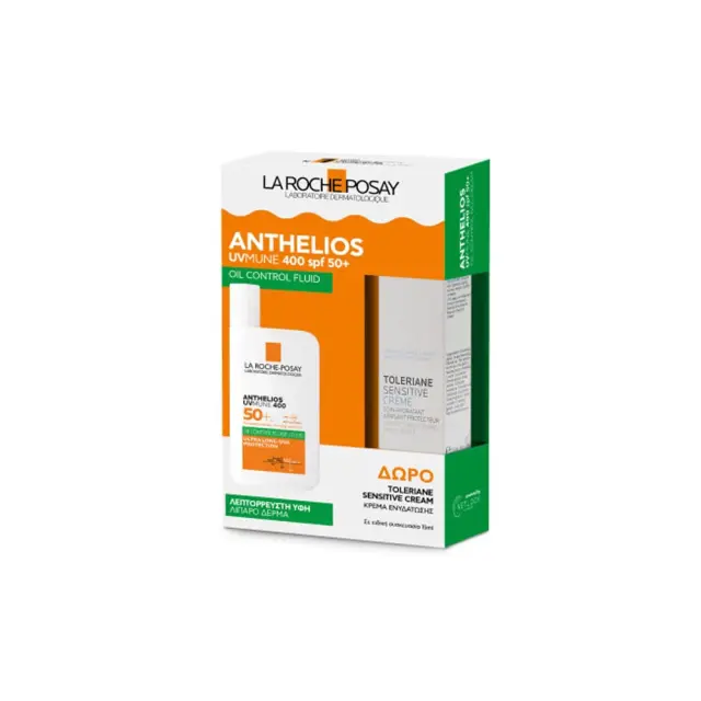 La Roche Posay Promo Anthelios UVMune 400 Oil Control, Λεπτόρρευστο Αντηλιακό Προσώπου για Λιπαρό Δέρμα SPF50+ 50ml & Δώρο Toleriane Sensitive Cream Ενυδατική Κρέμα Προσώπου 15ml, 1σετ