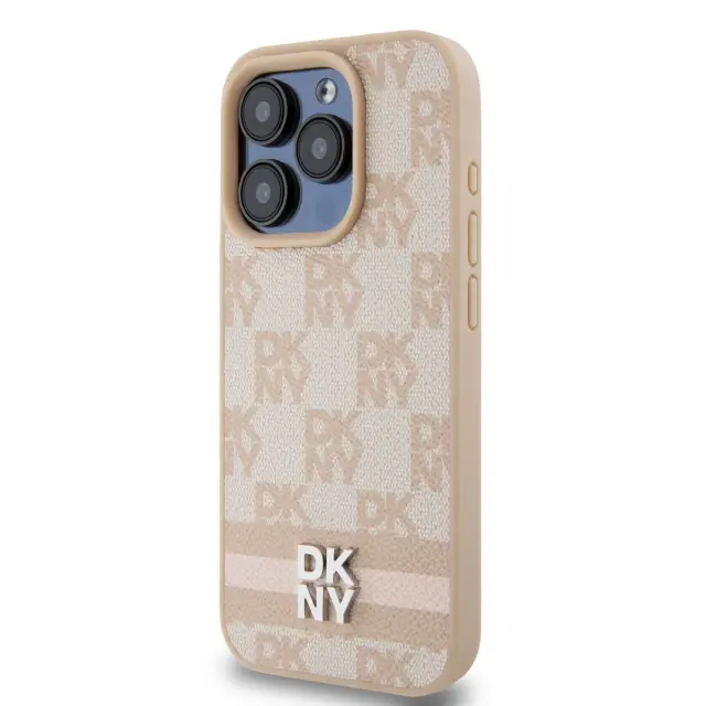 DKNY PU Leather Checkered Pattern and Stripe Case for iPhone 14 Pro Max Pink 3