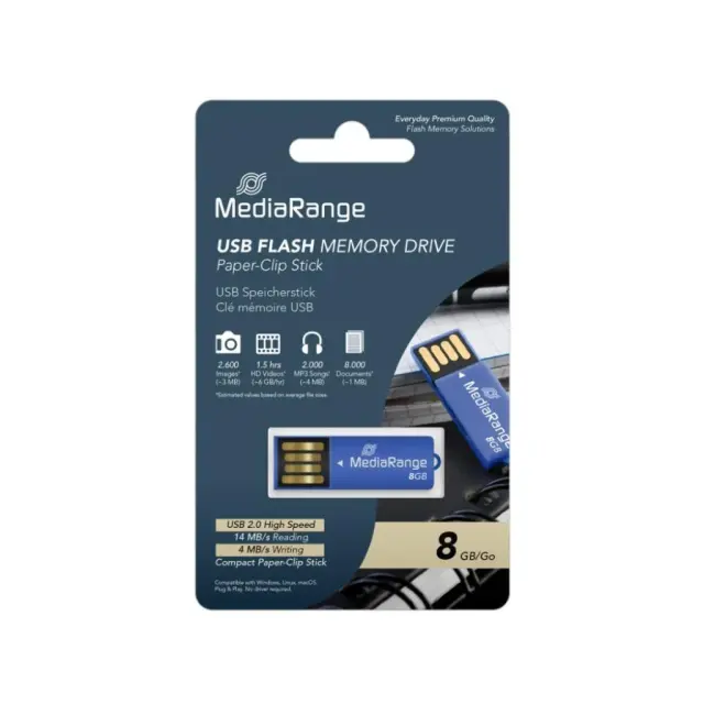 MediaRange USB 2.0 Nano Flash Drive Paper-clip stick 8GB (Blue) (MR975) MR SSD & USB FLASH DRIVES & MEMORY CARDS