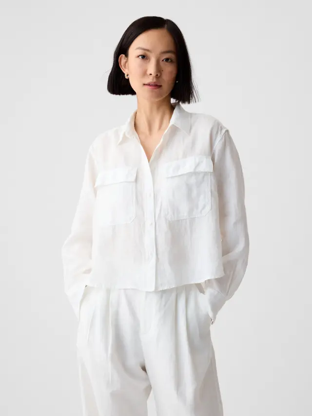 Άσπρο Λινό Cropped Πουκάμισο New off white - L