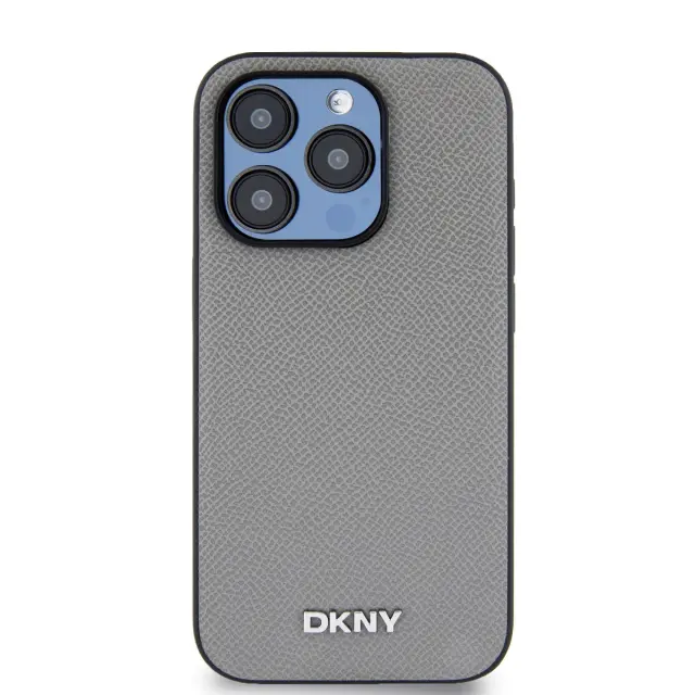DKNY PU Leather Silver Metal Logo Magsafe Case for iPhone 14 Pro Grey 2