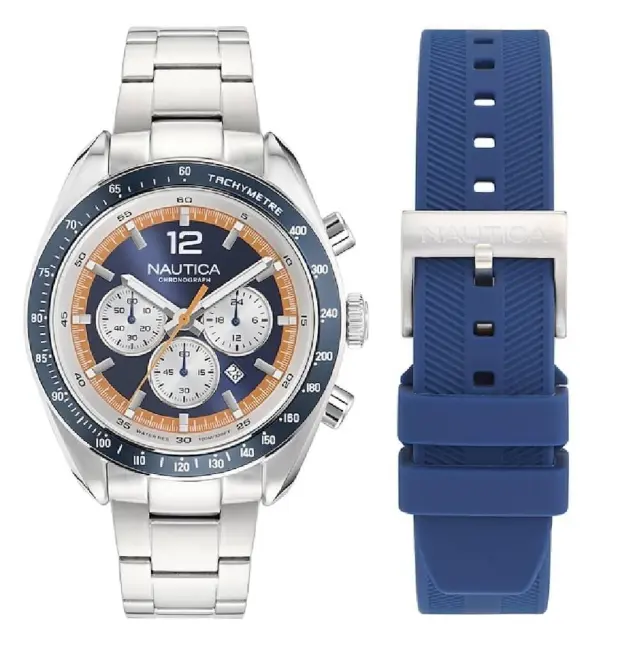 Nautica Kedge Chronograph Men's Watch Silver Steel Bracelet Box Set NAPKDS604