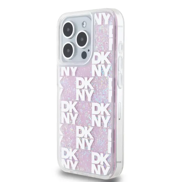 DKNY Liquid Glitter Checkered Pattern Case for iPhone 15 Pro Pink 3