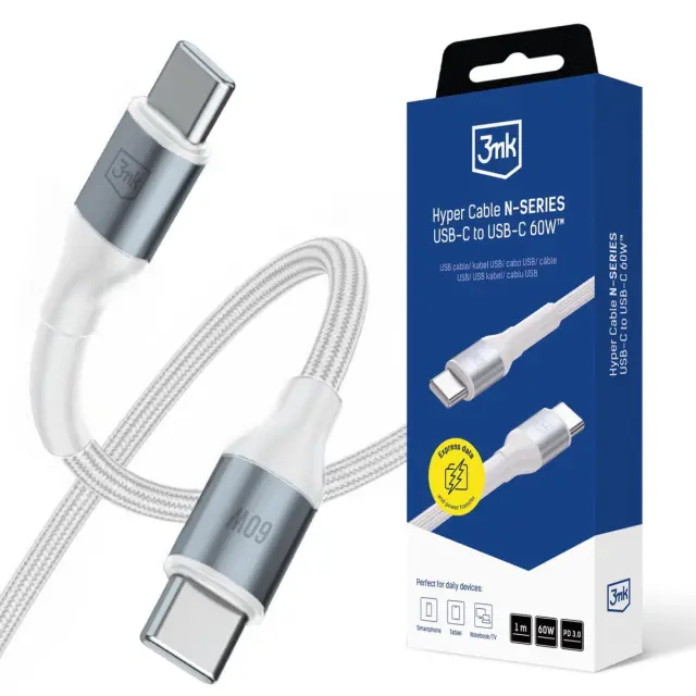 3MK® - Braided Καλώδιο USB-C σε USB-C 60W 1m-White.