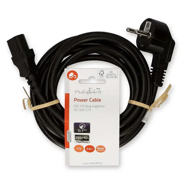 Καλώδιο τροφοδοσίας Schuko αρσ. σε γωνία 90° - IEC-320-C13 θηλ., 3.00m. 3