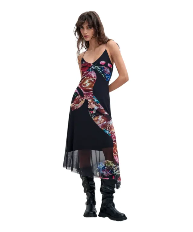 Desigual - Γυναικείο Ασύμμετρο Midi Φόρεμα Flowers M. C. Lacroix 26WWVK04-2000 Μαύρο 3