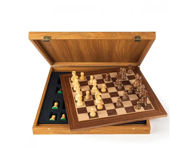 Σετ Χειροποίητο Σκάκι Wooden Chess Manopoulos από Ξύλο, με πιόνια Staunton, θήκη αποθήκευσης και διαστάσεις 50x50cm - Walnut SW43B50K