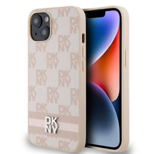 DKNY PU Leather Checkered Pattern and Stripe Case for iPhone 14 Pink