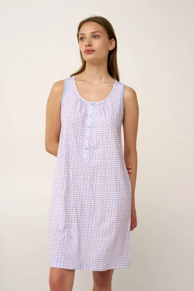 Καρό Βαμβακερό Νυχτικό με Κουμπάκια Vamp 24242 BLUE KENTUCKY - S