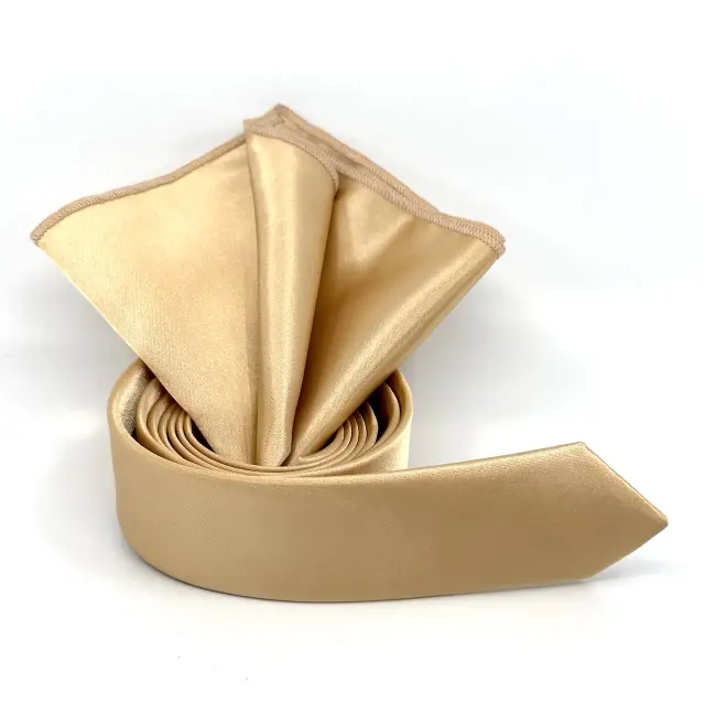 Χρυσαφί Γραβάτα Σατέν Glossy Slim 4,5 cm με Ασορτί Μαντήλι