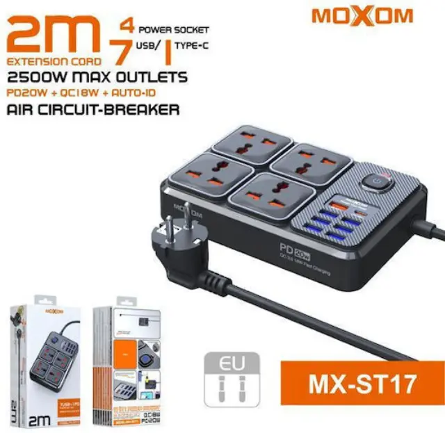 Moxom Πολύπριζο 4 Θέσεων με Διακόπτη, 7 θέσεις USB και Καλώδιο 2m Μαύρο MX-ST17 2