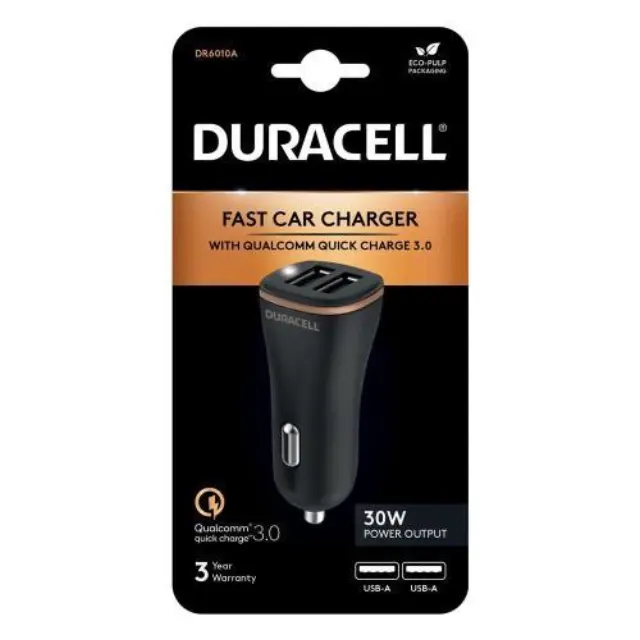 Φορτιστής Αυτοκινήτου Ταχείας Φόρτισης Duracell QC3.0 30W με Διπλή Έξοδο USB 4.8A Μαύρο N59802