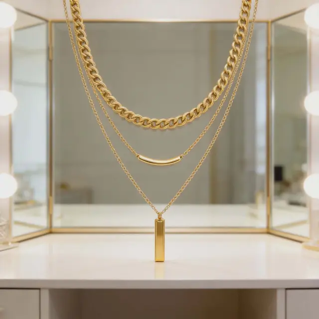 Triple Layer Gold Chain Necklace with Bar