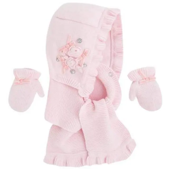 Baby 6 μηνών έως 4 ετών Σετ σκουφάκι με ενσωματωμένο κασκολ και γάντια ροζ - 2Ε
