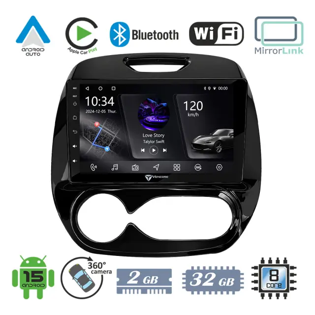 VenCore Οθόνη Multimedia Android 15 9" PX5S Octa-Core 2GB/32GB IPS με Πρόσοψη, CarPlay, Android Auto και Υποστήριξη Κάμερας 360° για Renault Captur 2013-2019 – Μαύρη (3236-10005-0748B)