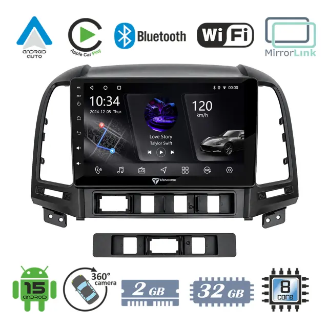 VenCore Οθόνη Multimedia Android 15 9" PX5S Octa-Core 2GB/32GB IPS με Πρόσοψη, CarPlay, Android Auto και Υποστήριξη Κάμερας 360° για Hyundai Santa Fe 2006-2013 – Μαύρη (3236-10005-0624B)