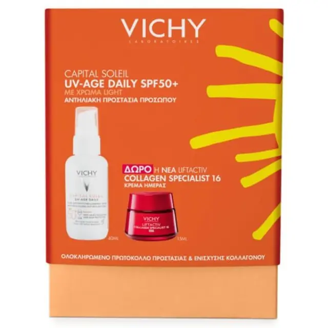Vichy Promo Capital Soleil UV-Age Daily SPF50+ Αντηλιακή Προστασία Προσώπου με Χρώμα Light, 40ml & ΔΩΡΟ Liftactiv Collagen Specialist 16 Κρέμα Ημέρας, 15ml
