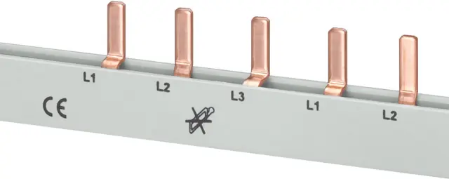 Pin busbar, 10 mm2 connection: 3-phase/N+8x phase touch-safe for 1F, 4-pole + 8 CB, 1-pole