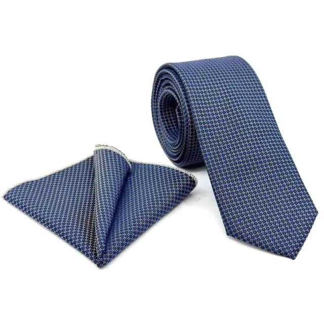 Μπλε Γραβάτα Microfiber Μικροσχέδιο Σετ με Μαντήλι