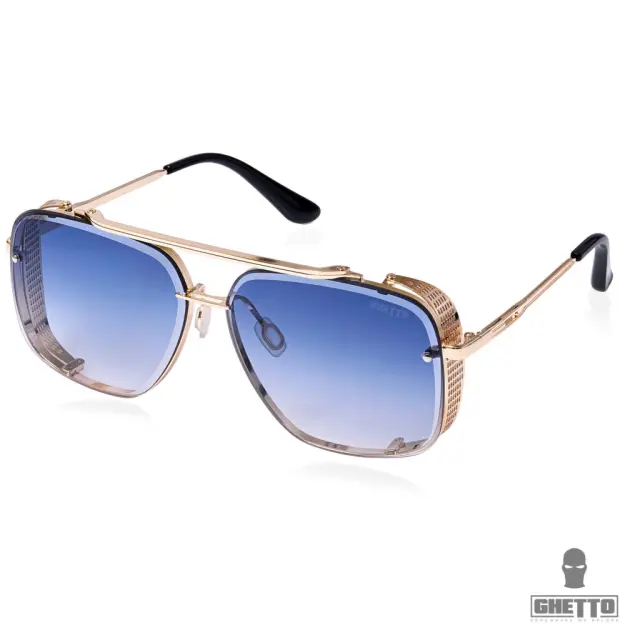 Ghetto Double Beam Square Pilot Sunglasses Gold Frame Unisex Blue