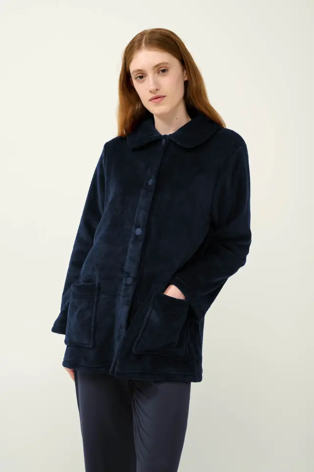 Κουμπωτή Κοντή Γυναικεία Ρόμπα Fleece Vamp 23358 BLUE