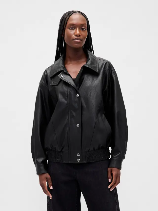 Oversized Vegan Δερμάτινο Μπουφάν True black - M