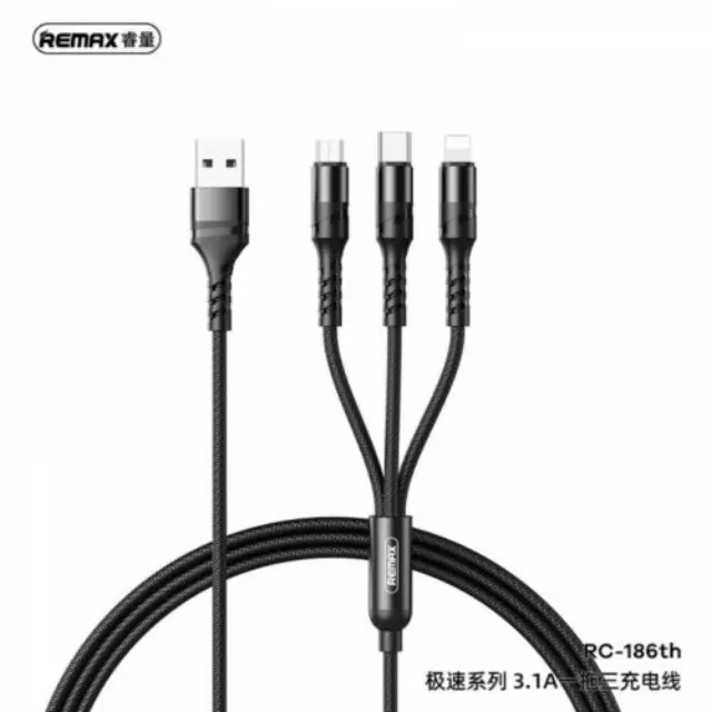Remax RC-186th Braided USB to Lightning / Type-C / micro USB Cable 3.1A Μαύρο 1.2m