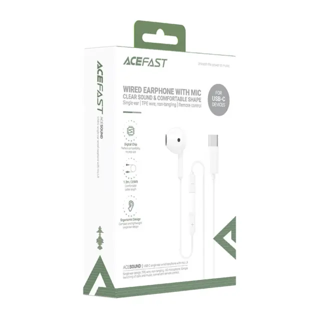 Hands Free Acefast L9 Μονό Ακουστικό USB-C με HD Μικρόφωνο Συμβατά με Όλες τις Συσκευές USB-C Λευκό 1.2m 2