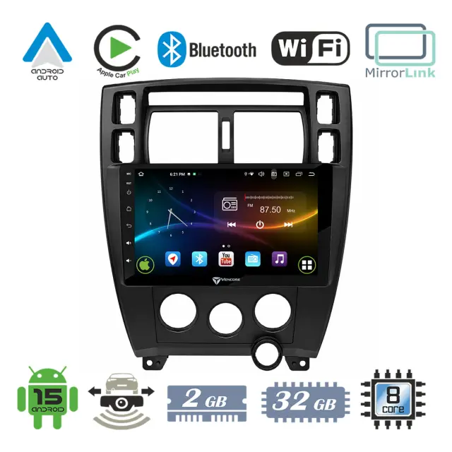 VenCore Οθόνη Multimedia Android 15 10.1" 9109A MTK6762 Octa-Core 2GB/32GB IPS με Πρόσοψη, CarPlay, Android Auto και Υποστήριξη Κάμερας Οπισθοπορείας AHD για Hyundai Tucson 2004-2010 – Μαύρη (3236-10008-0712B)