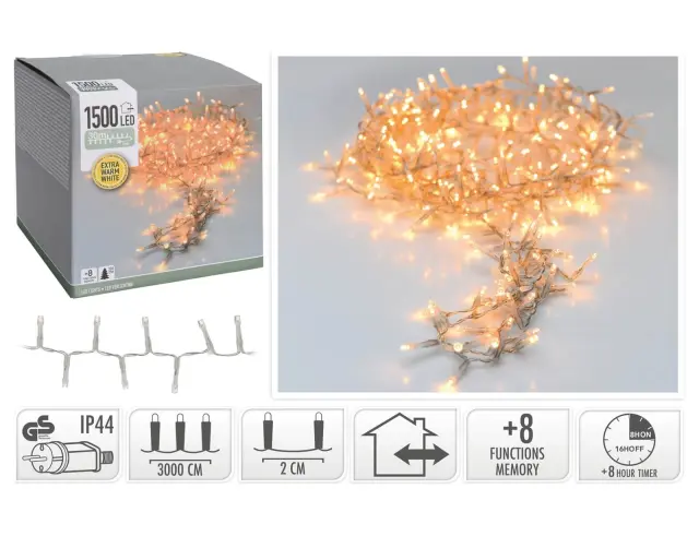 1500 Φωτάκια LED - 30 Μέτρα + 3 Μέτρα σύνδεσης, Κανονική Διάταξη, με χειριστήριο, 8 προγράμματα, Διάφανο καλώδιο PVC - Extra Θερμό Λευκό AX8560460