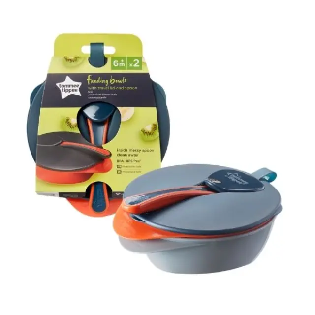 Tommee Tippee Παιδικό Μπωλ Σετ Φαγητού Με Προστατευτικό Καπάκι και Κουτάλι Easy Scoop Bowl Μαύρο 2τμχ
