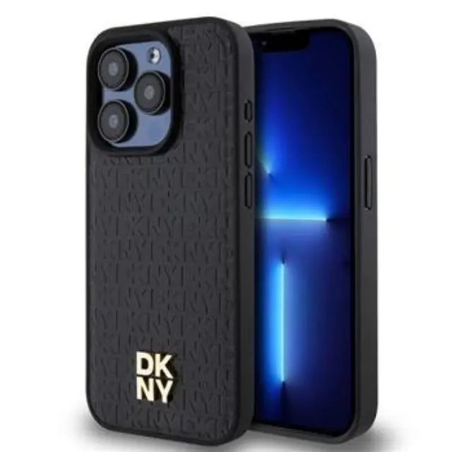 DKNY PU Leather Repeat Pattern Stack Logo MagSafe Case for iPhone 14 Pro Max Black
