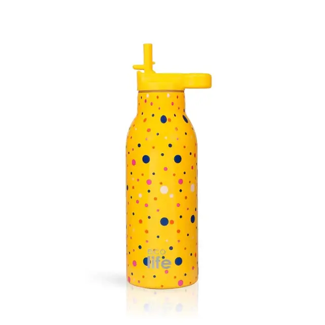 Ecolife® Μπουκάλι Θερμός Ανοξείδωτο / Αλουμίνιο BPA Free 550ml Dots In Yellow με Καλαμάκι