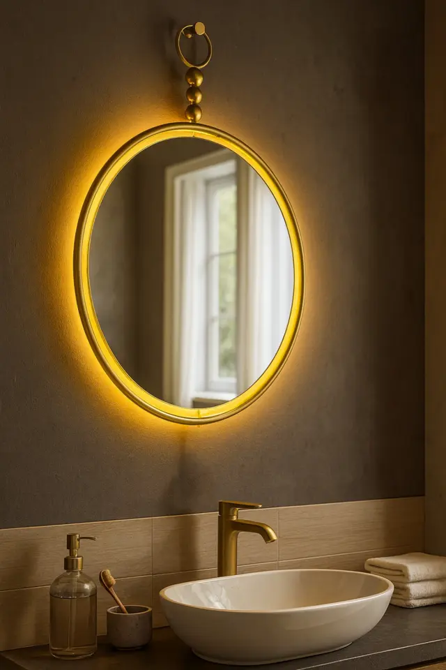 Stewehome Μεγάλος καθρέφτης τοίχου με LED φωτισμό και μεταλλικό πλαίσιο Κίτρινο 50x70 cm 3