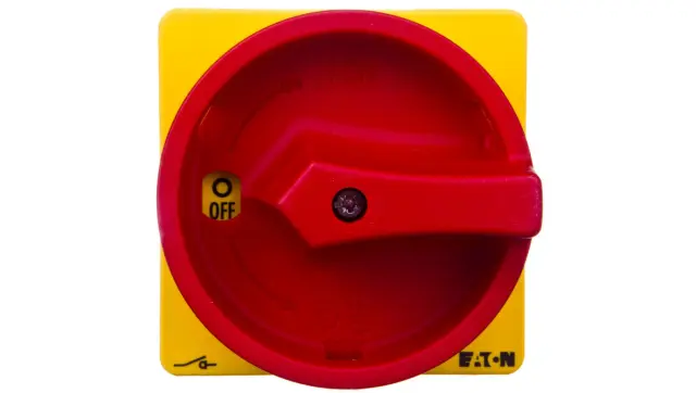 P3-100/V/SVB Main switch, P3, 100 A, rear mounting, 3 pole, Emergency switching off function, With red rotary handle and yellow locking ring, Lockable in the 0 (Of