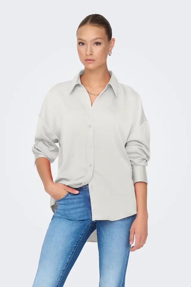 Only Onlmarta Σατέν Πουκάμισο σε Oversized Γραμμή με Μακριά Μανίκια Λευκό