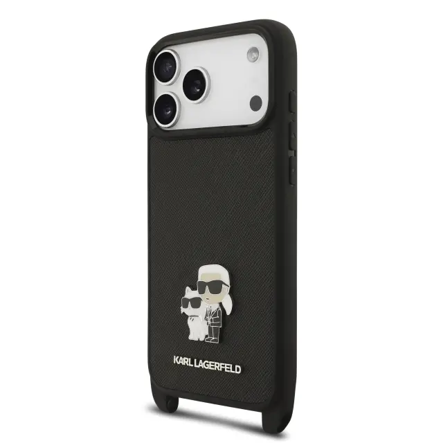 Karl Lagerfeld Saffiano Crossbody Strap Metal Karl and Choupette Case for iPhone 17 Pro Black 2