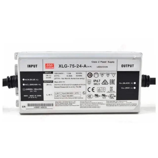 AC-DC Single output LED driver Constant Power Mode with built-in PFC; Output 24Vdc at 3.1A; Metal housing design; IP67; Built-in potentiometer 75W