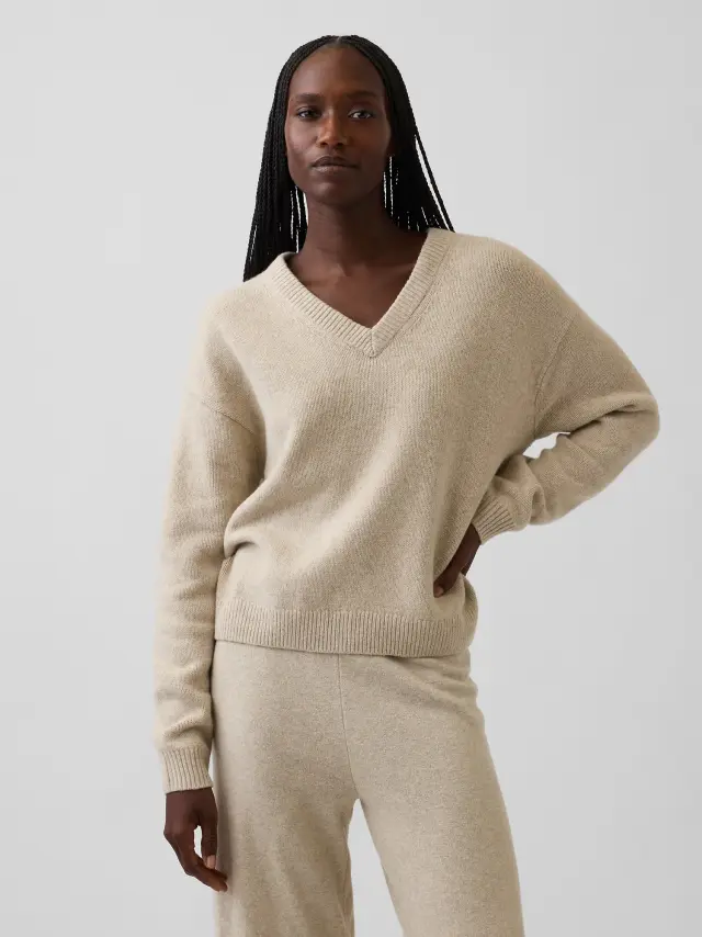 Γυναικείο Πουλόβερ CashSoft σε Oversized Γραμμή με V-Λαιμόκοψη Cobblestone beige